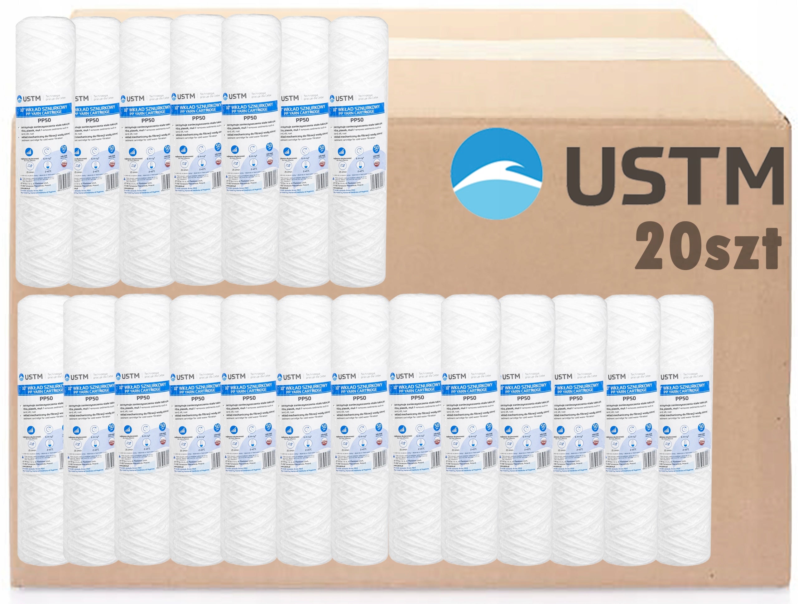 WATER FILTER STRING CARTRIDGE 10" FILTRATION 50 MICRON PP50M 20 PIECES USTM