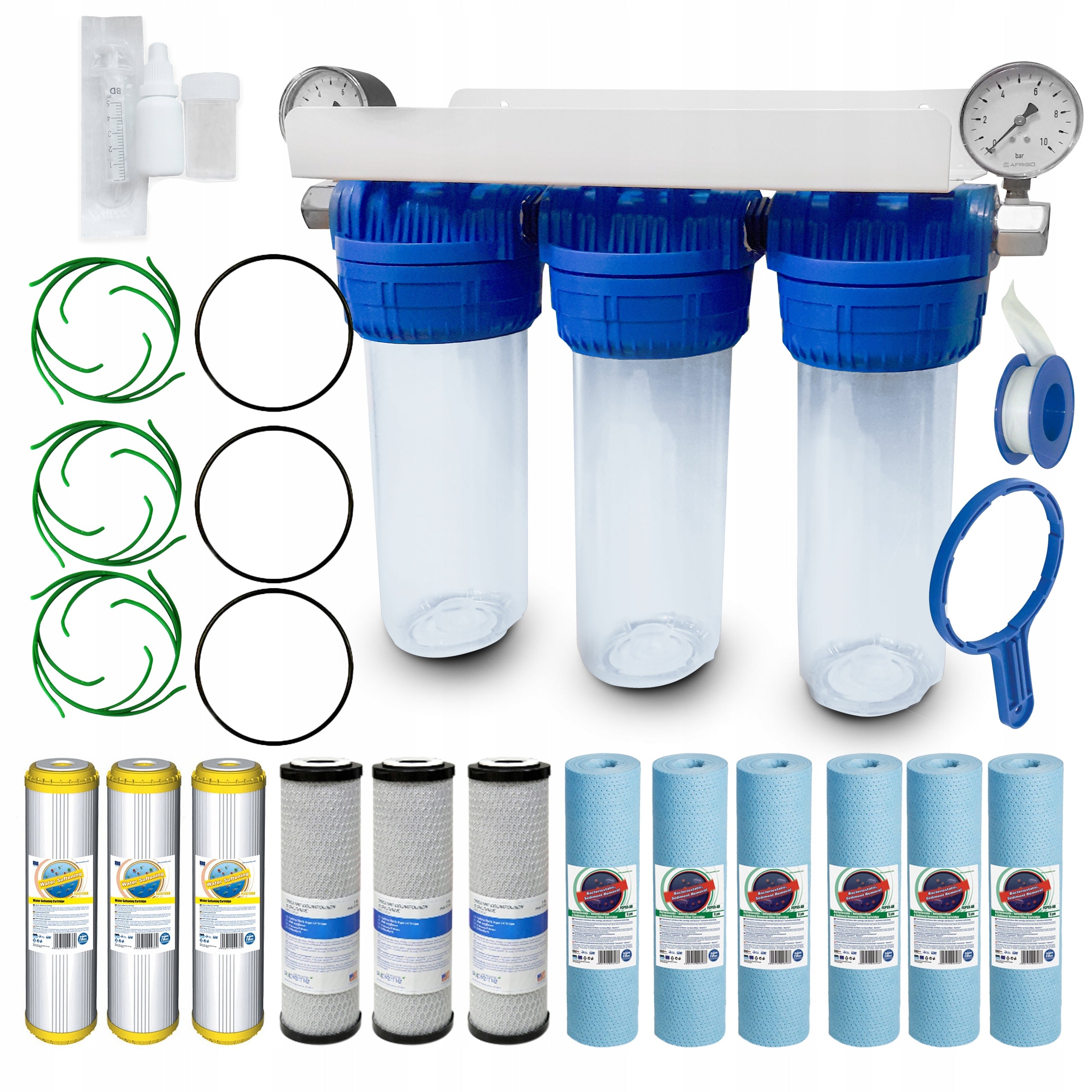WATER FILTER: WHOLE HOUSE 3-STAGE PRELIMINARY + COAL + SOFTENER + PRESSURE GAUGES