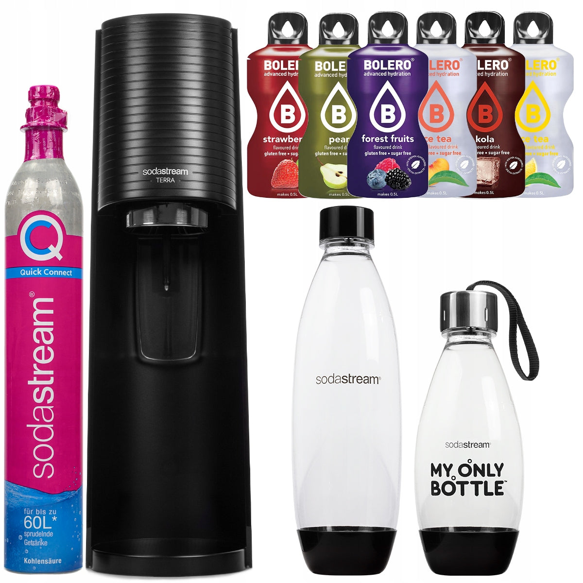 WATER SATURATOR SODASTREAM TERRA BLACK 2 BOTTLES CO2 CARTRIDGE + 6 DRINKS