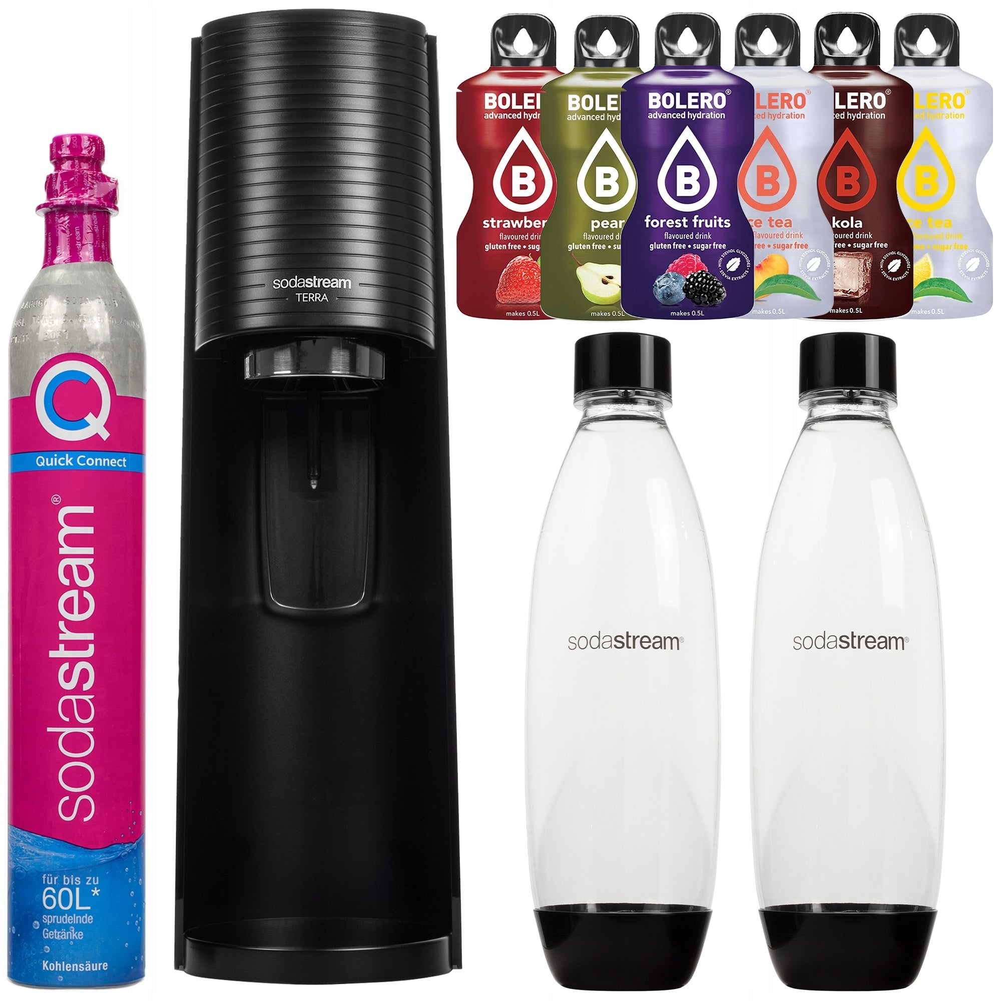 WATER SATURATOR SODASTREAM TERRA BLACK 2 BOTTLES CYLINDER 6 DRINKS SET