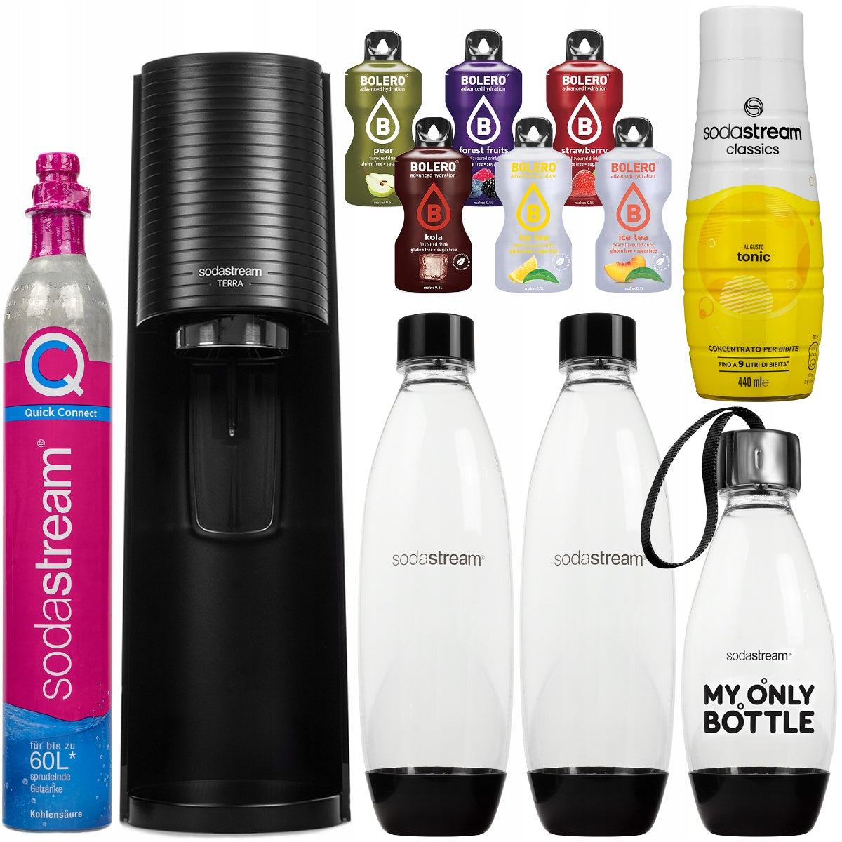 WATER SATURATOR SODASTREAM TERRA BLACK 3 BOTTLES + SYRUP TONIC SET