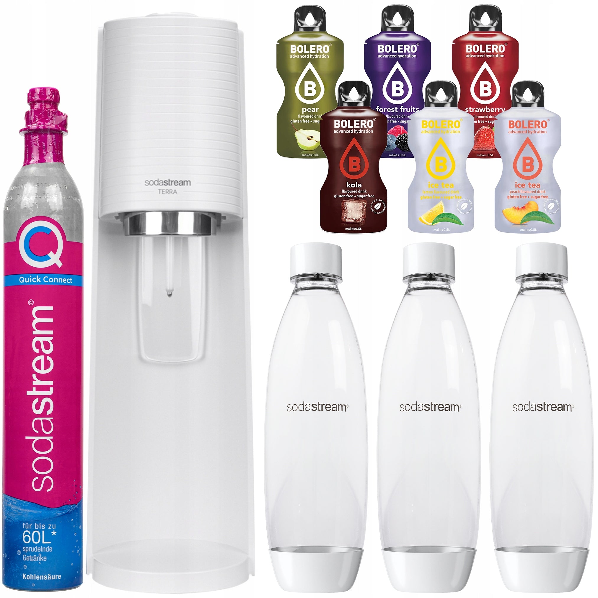 WATER SATURATOR SODASTREAM TERRA WHITE 3 BOTTLES + CYLINDER + 6 DRINKS