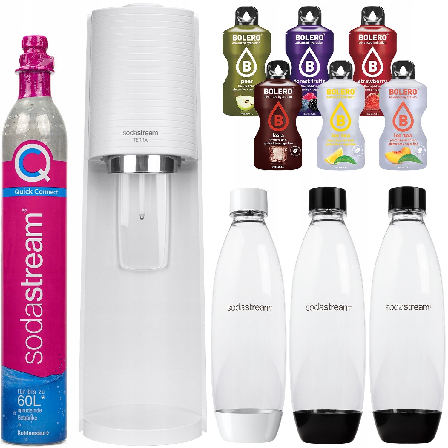 WATER SATURATOR SODASTREAM TERRA WHITE 3 BOTTLES + CYLINDER + 6 DRINKS