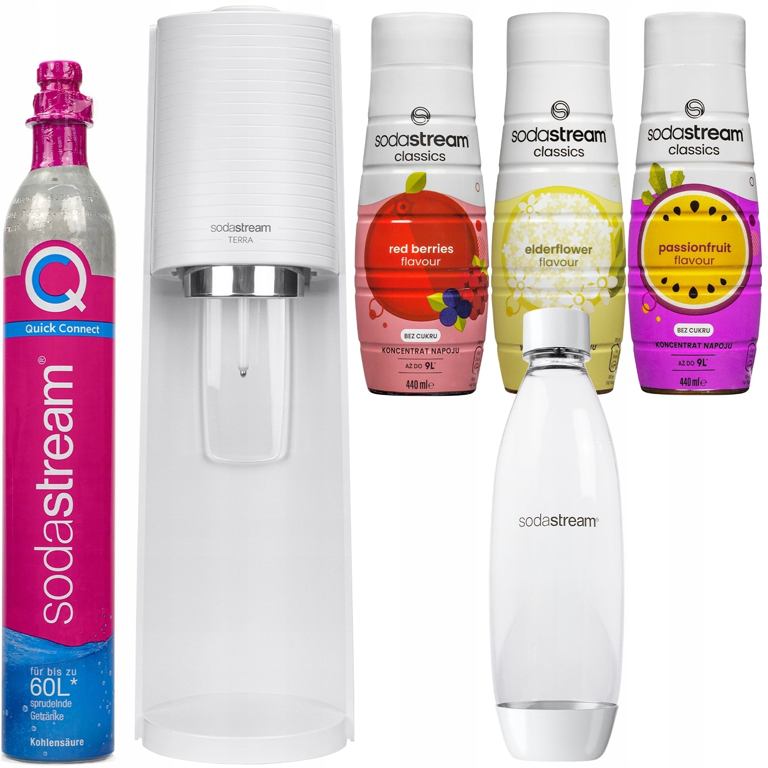 WATER SATURATOR SODASTREAM TERRA WHITE BOTTLE + 3x SUGAR FREE SYRUP
