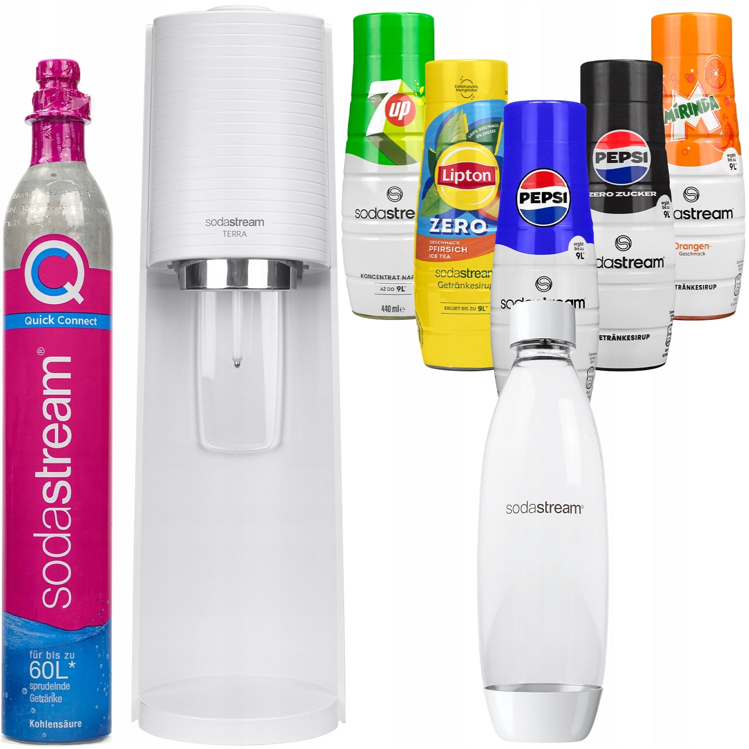 WATER SATURATOR SODASTREAM TERRA WHITE BOTTLE CYLINDER + 5x SYRUP SET