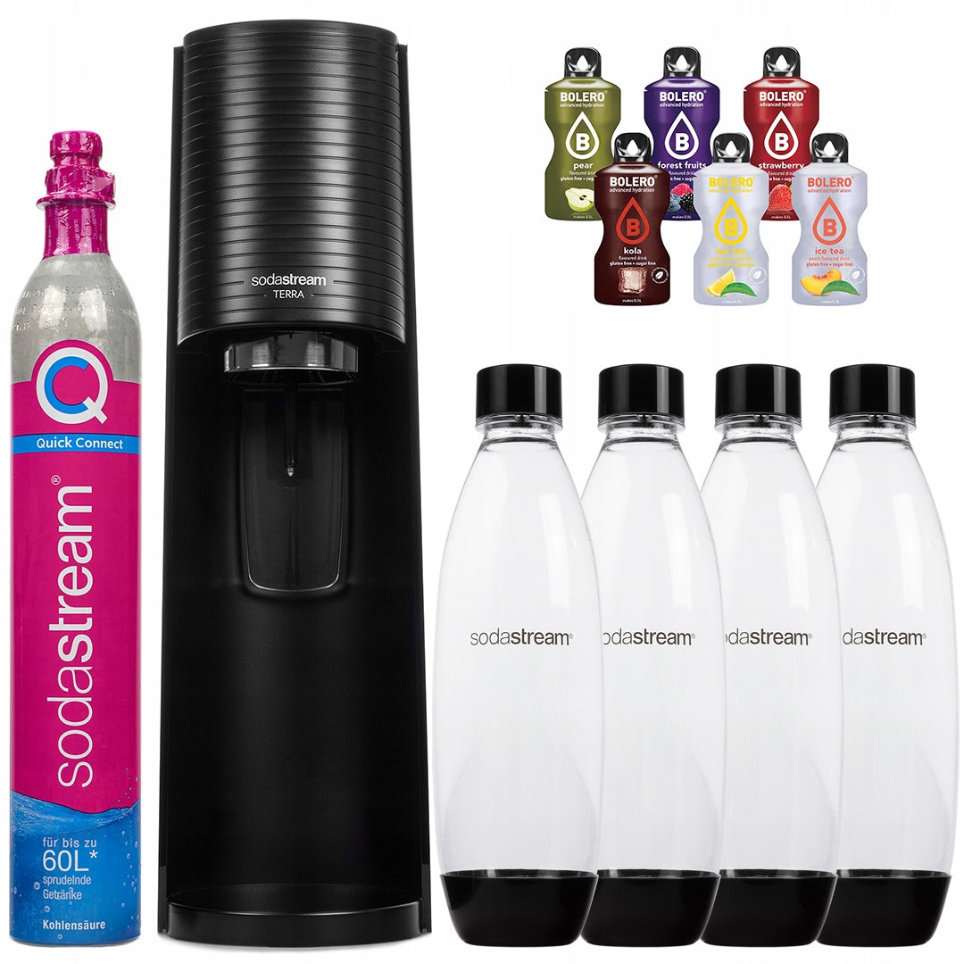 WATER SET SATURATOR SODASTREAM TERRA BLACK 4 BOTTLES + 6x DRINKS
