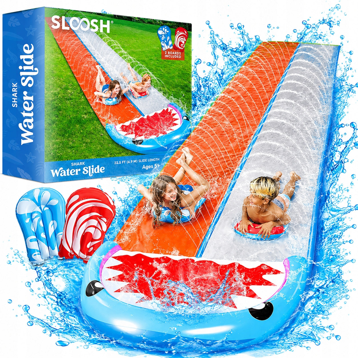 WATER SLIDE SHARK TWO TRACKS TWO BOARDS SPRINKLER FOR CHILDREN