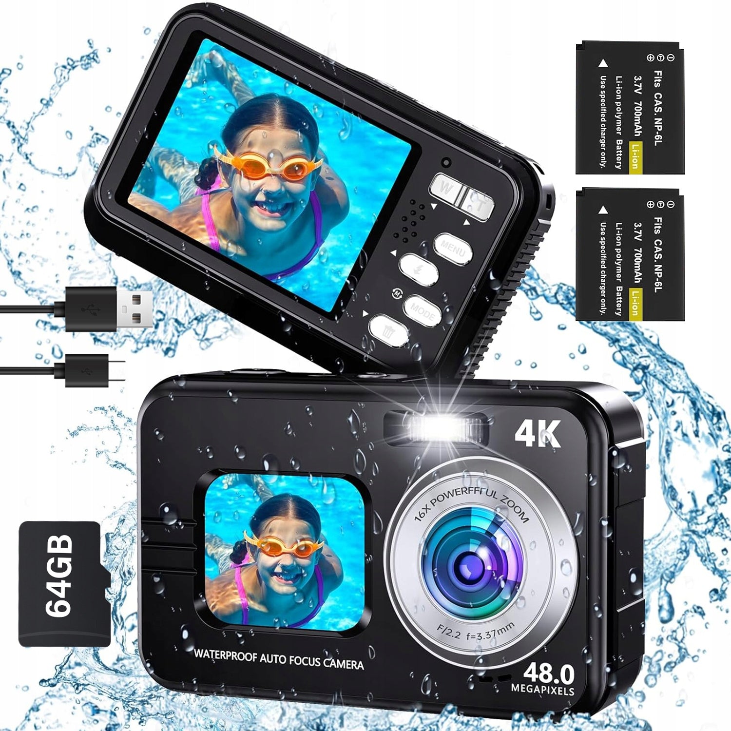 WATERPROOF 48 MEGAPIXEL 4K DUALSCREEN 64GB IP68 UNDERWATER DIGITAL CAMERA