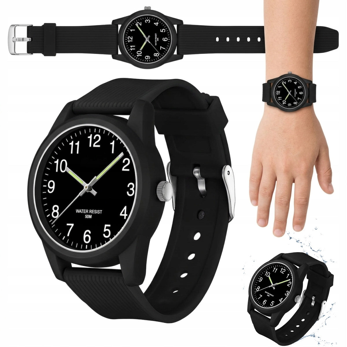 WATERPROOF ANALOG CHILDREN'S QUARTZ WATCH BLACK