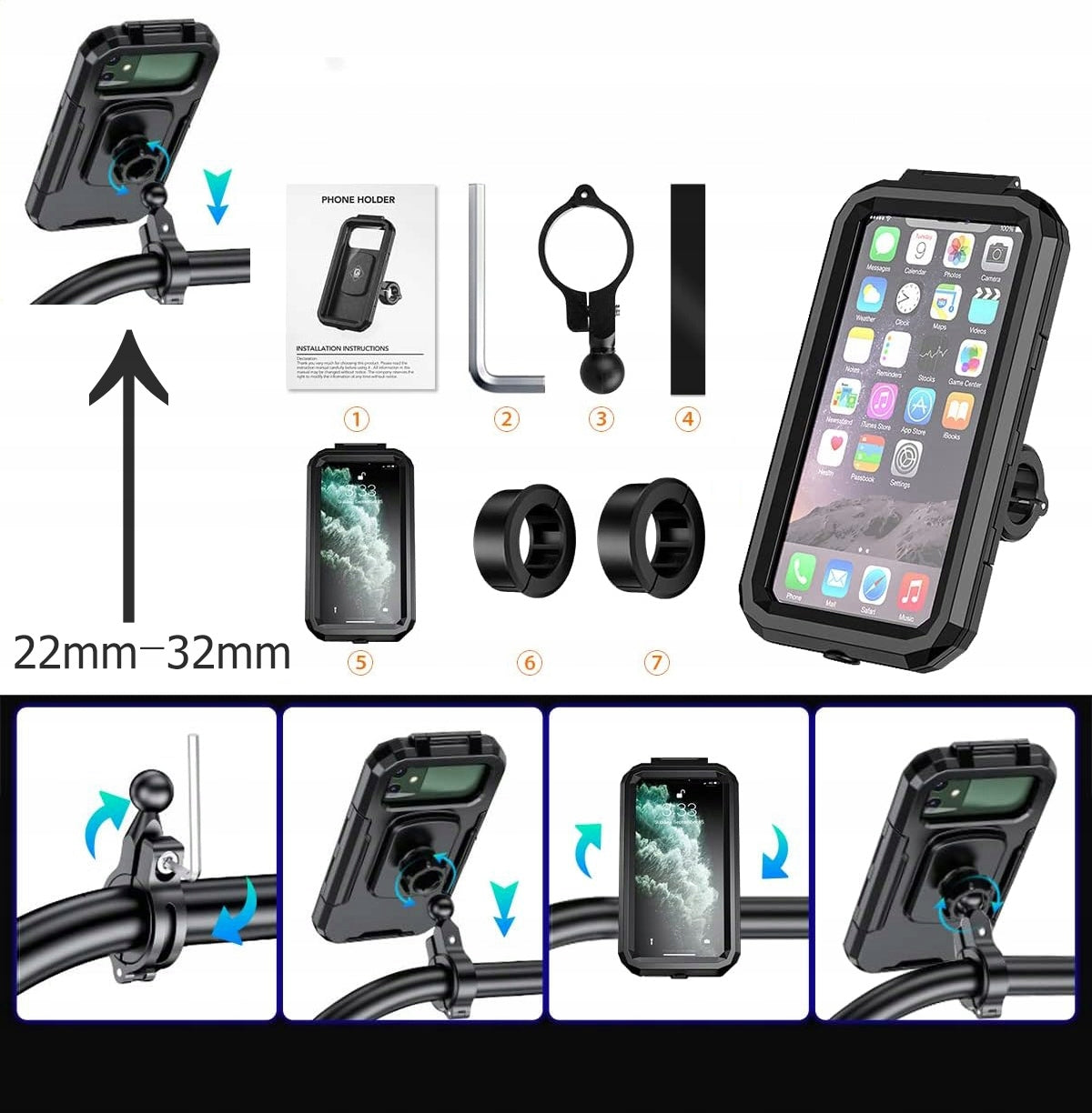 WATERPROOF MOTORCYCLE BIKE HOLDER FOR UNIVERSAL PHONE,360° ROTATION Packaging status original