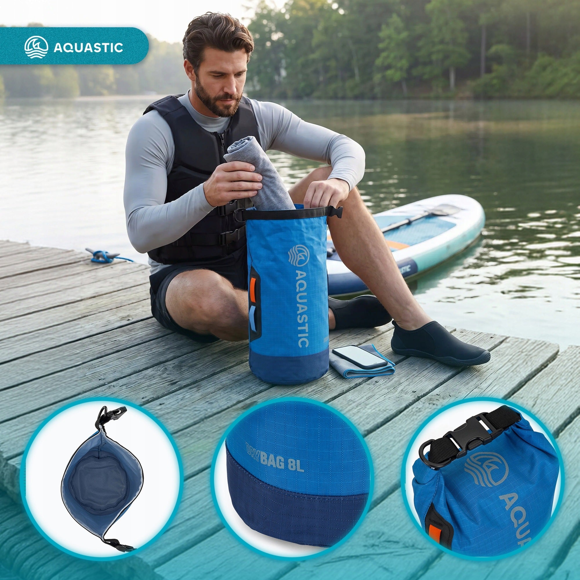 WATERPROOF SAILING BAG AQUASTIC Dry Bag 8l TOURIST FOR KAYAK SUP Manufacturer code AQS-B5I170-BL