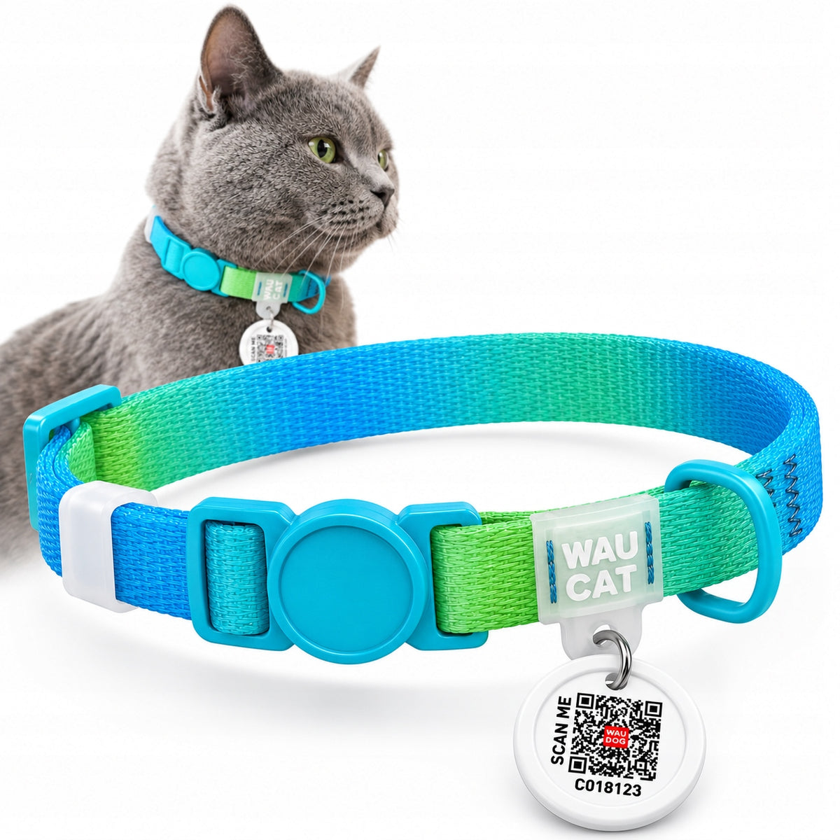 WAUCAT Recycled Nylon Cat Collar with QR, XS, Blue