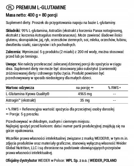 WEIDER L-GLUTAMINE 400g POWDER REGENERATION MUSCLE BUILDING L-GLUTAMINE AMINO Manufacturer code Weider Premium L-Glutamine | L-Glutamina