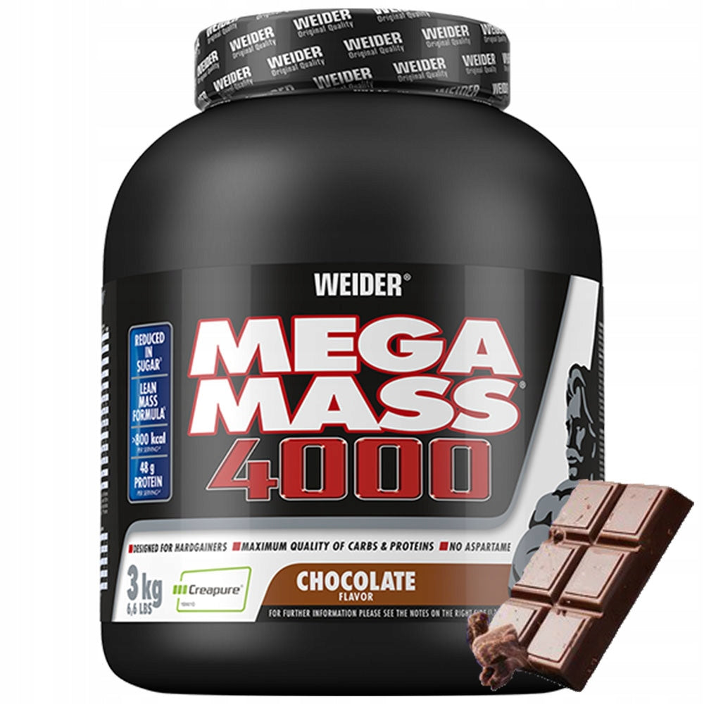 WEIDER MEGA MASS 4000 3kg CHOCOLATE GAINER PROTEIN CARBOHYDRATES CREATINEs