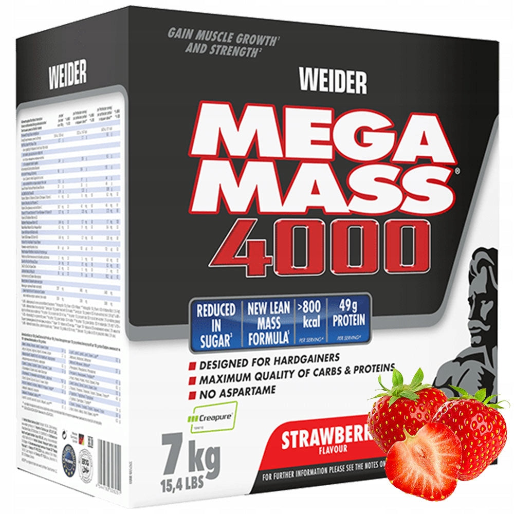 WEIDER MEGA MASS 4000 7kg GAINER WEIGHT PROTEIN CREATINE CARBOHYDRATES STRAWBERRY