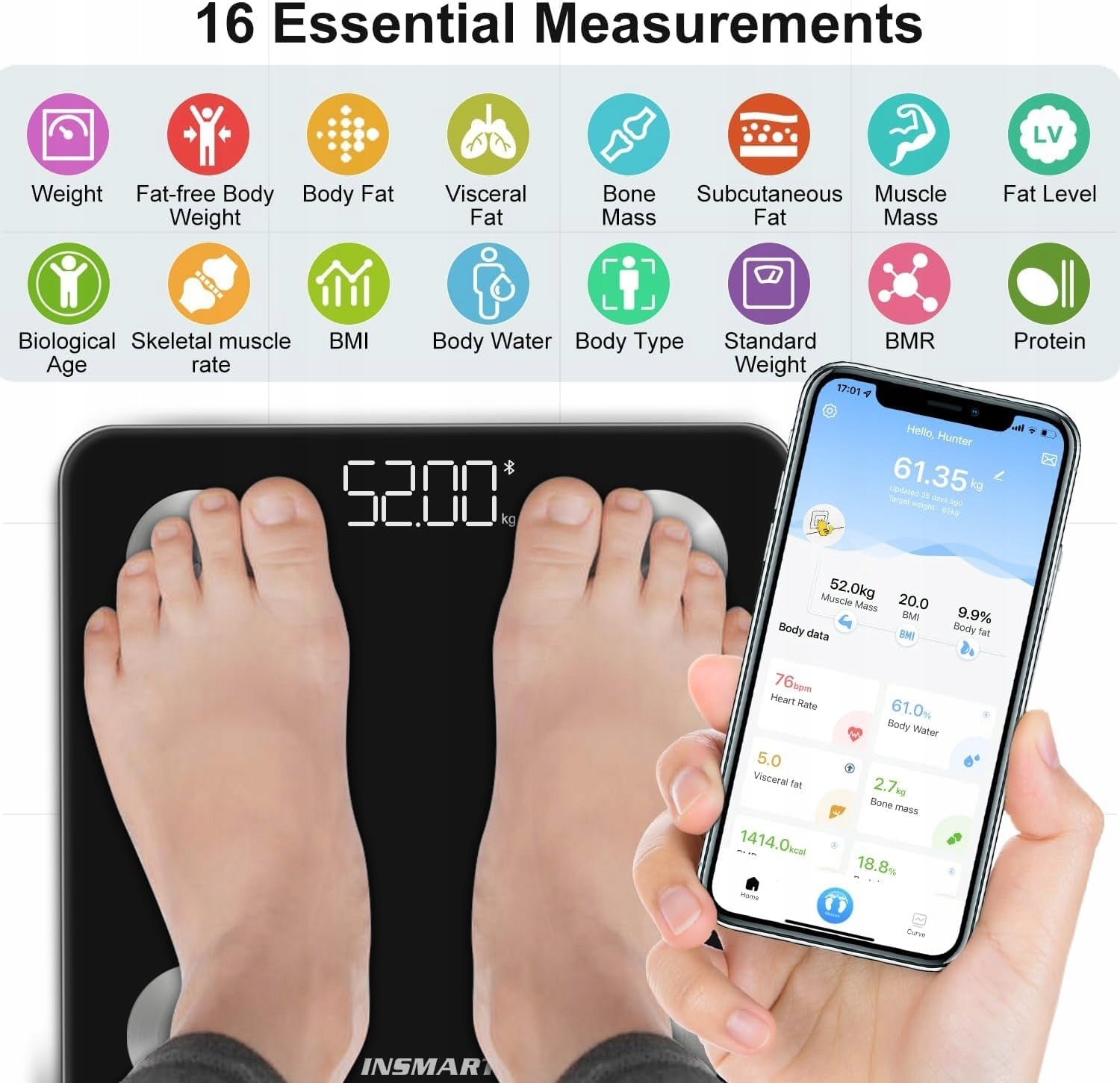 WEIGHT FOR BODY COMPOSITION ANALYSIS 16 BLUETOOTH INDICATORS APPLICATION LED SCREEN BL Brand Insmart