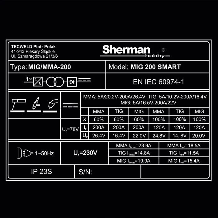 WELDER SHERMAN SMART MIG 200A Synergy MAG MMA TIG 230V INVERTER Brand Sherman