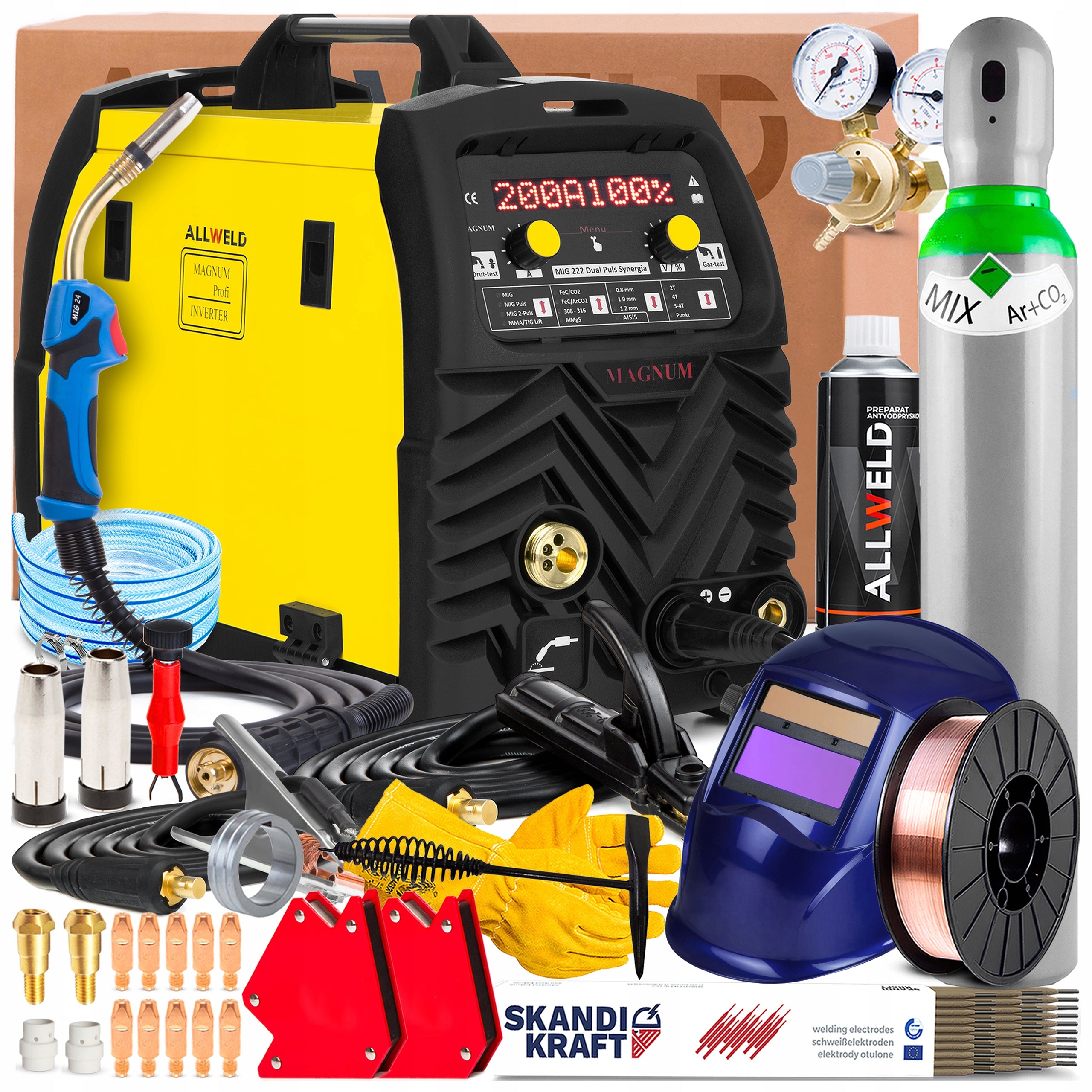 WELDING MACHINE MAGNUM MIG 222 DUAL PULSE SYNERGY 230V 200A TIG LIFT SPOT MMA FLUX
