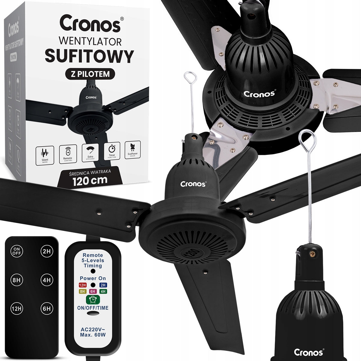 WENTYLATOR SUFITOWY Z WIATRAKIEM CICHY CZARNY WIATRAK 70cm + PILOT TIMER