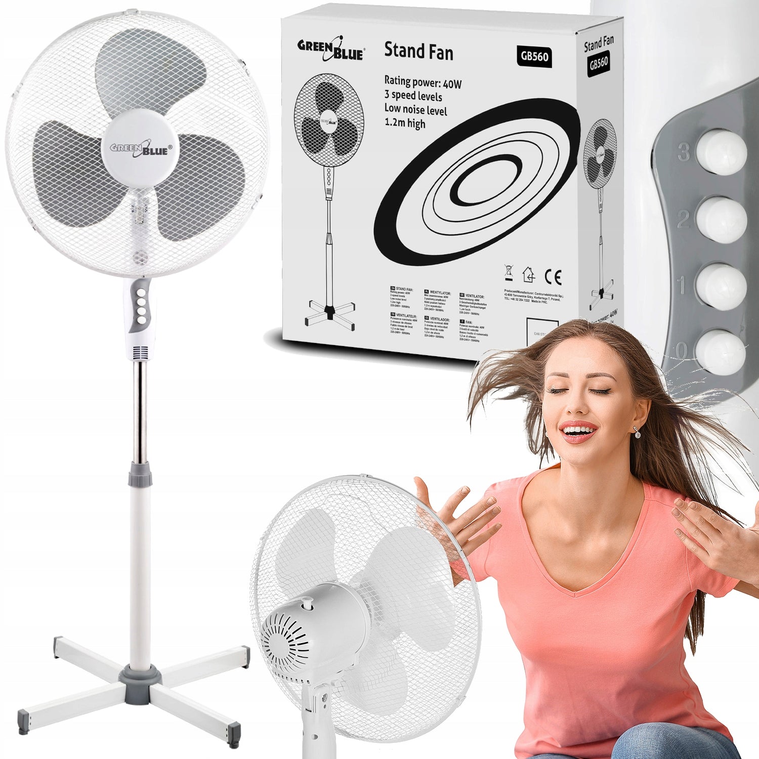 GreenBlue-Standventilator, 40 W, mit 3 Leistungsstufen, 1,20 m hoch, 1,5 m Kabel, GB560 