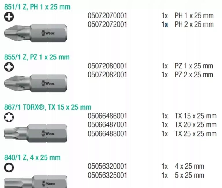 WERA BIT-CHECK BIT SET WITH RATCHET 10 PCS. Brand Wera