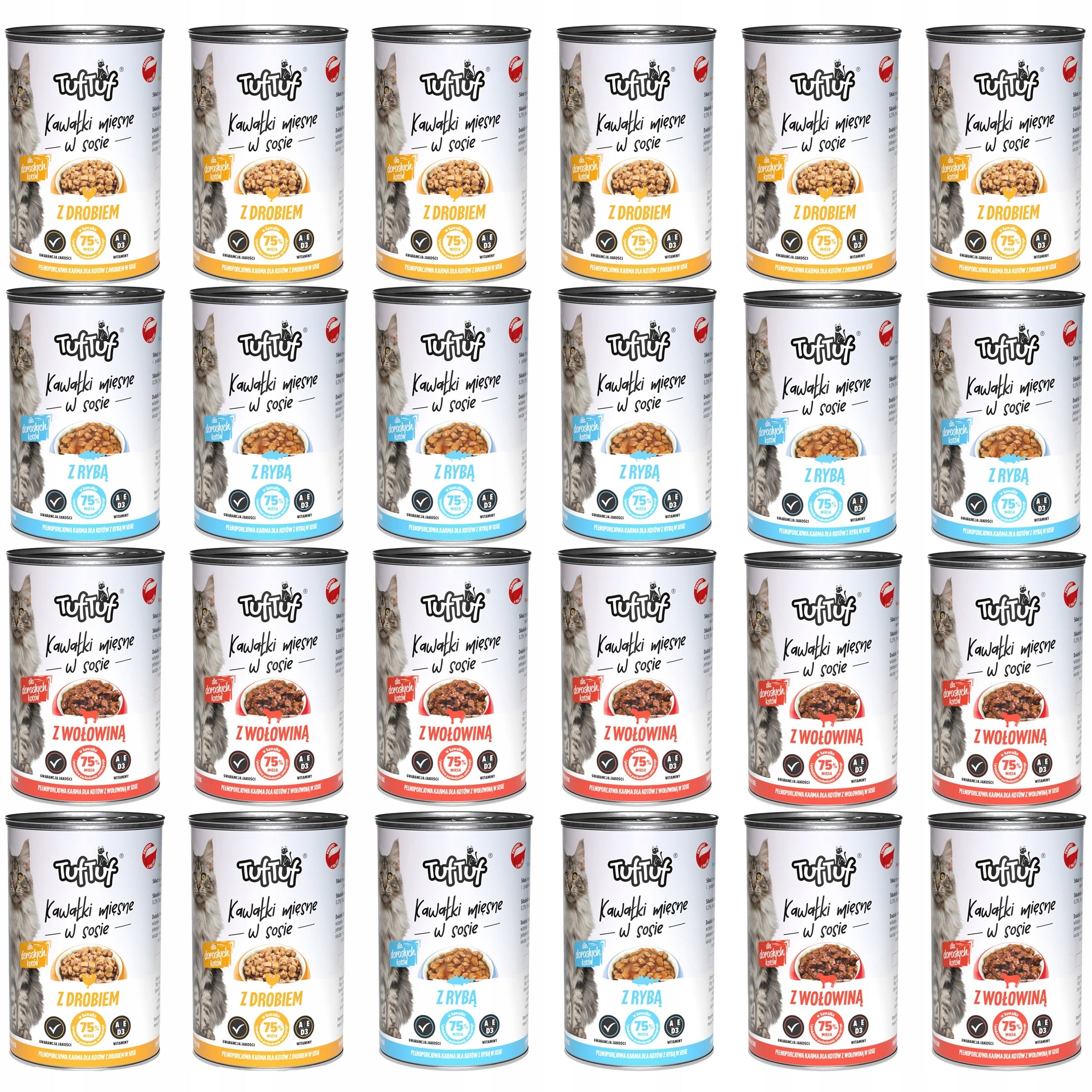 WET CAT FOOD 24x415g 75% MEAT IN SAUCE TUF TUF CANS 9,96kg.