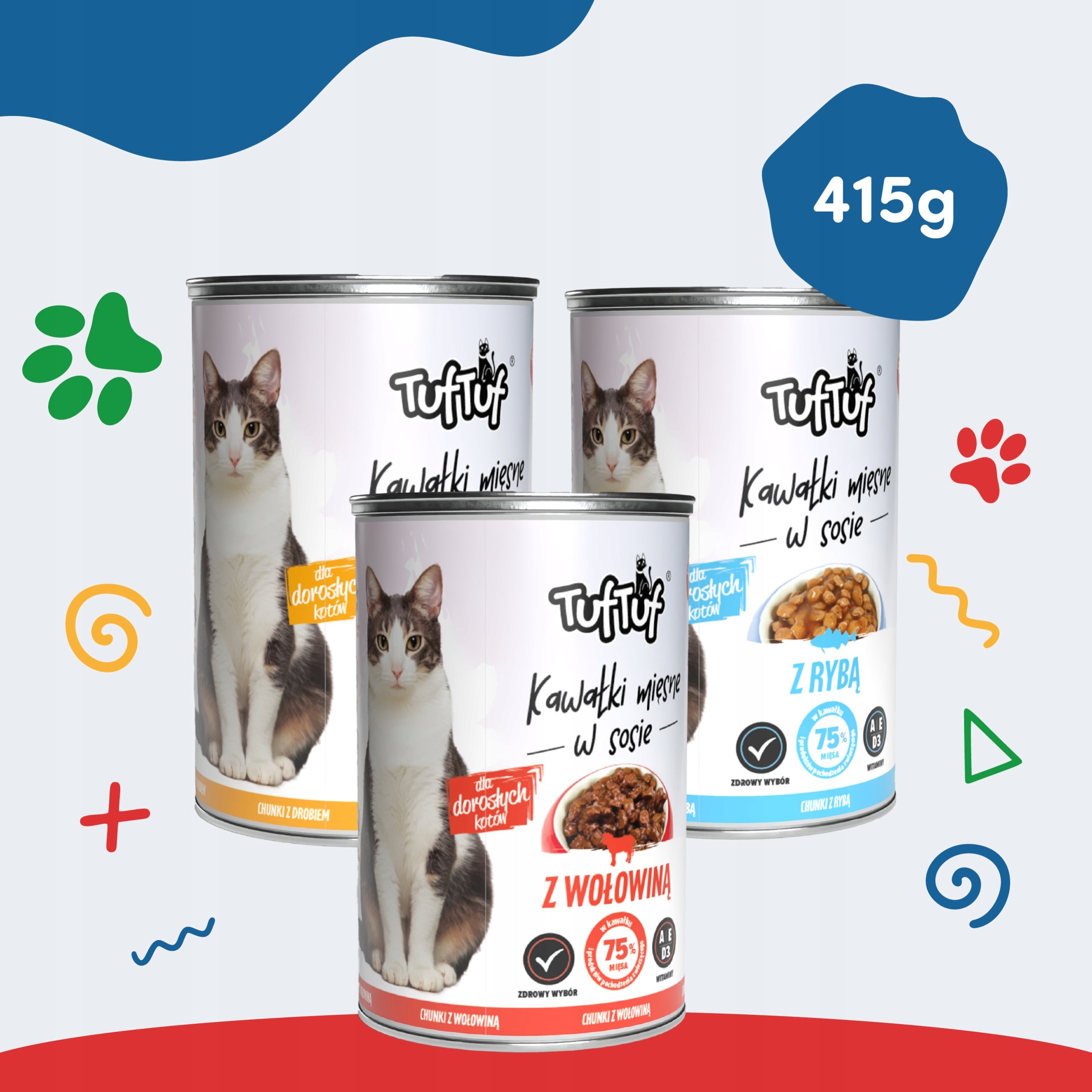 WET CAT FOOD 24x415g 75% MEAT IN SAUCE TUF TUF CANS MIX Flavours Manufacturer code TUF TUF Karma dla kota KAWAŁKI W SOSIE