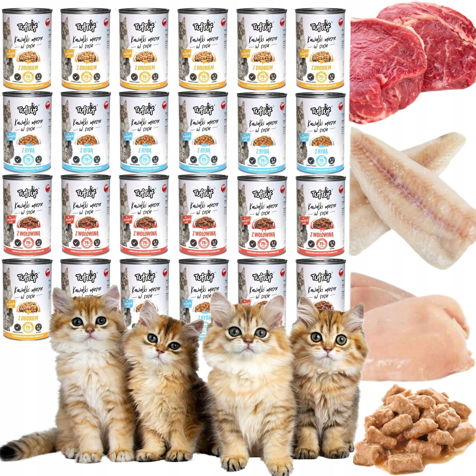 WET CAT FOOD 75% MEAT 24x 415g. PIECES IN SAUCE TUF TUF MIX 9,96kg