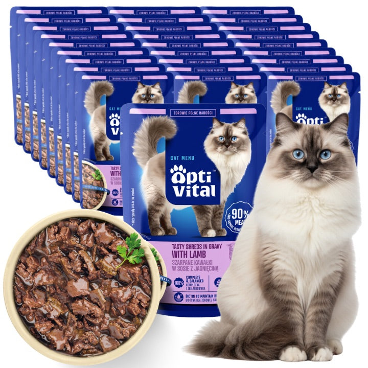 WET CAT FOOD OPTIVITAL JERKY PIECES WITH LAMB IN SAUCE 28X85G Packaging status original