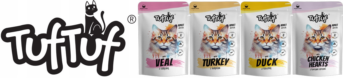 WET CAT FOOD TufTuf Ripped Pieces in Sauce 2x Beef, 2x Duck Brand Tuf Tuf