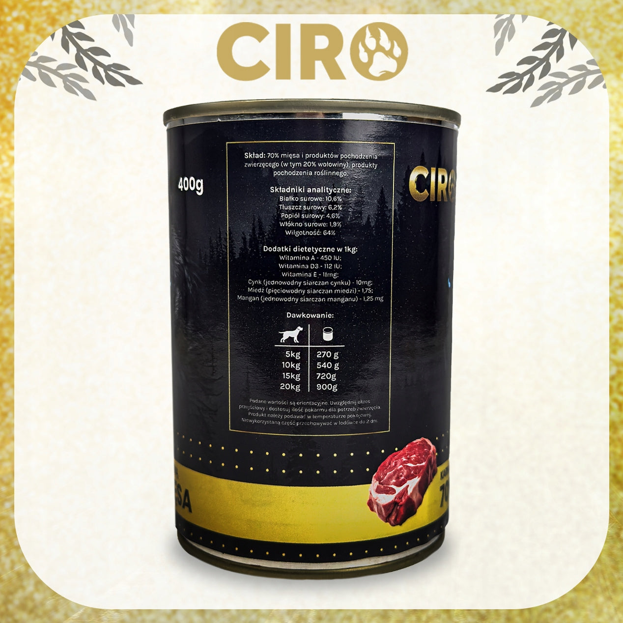 WET DOG FOOD 400 g with BEEF Can 70% CIRO MEAT Manufacturer code Karma wołowina 400g mokra dla psa