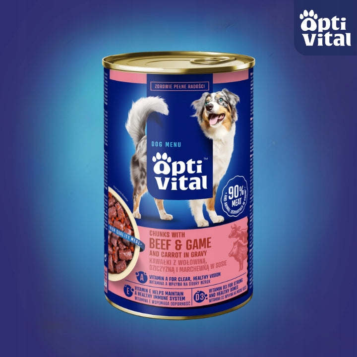 WET DOG FOOD WITH BEEF AND GAME IN SAUCE OPTIVITAL CAN 6X1250G Product weight 7.5 kg