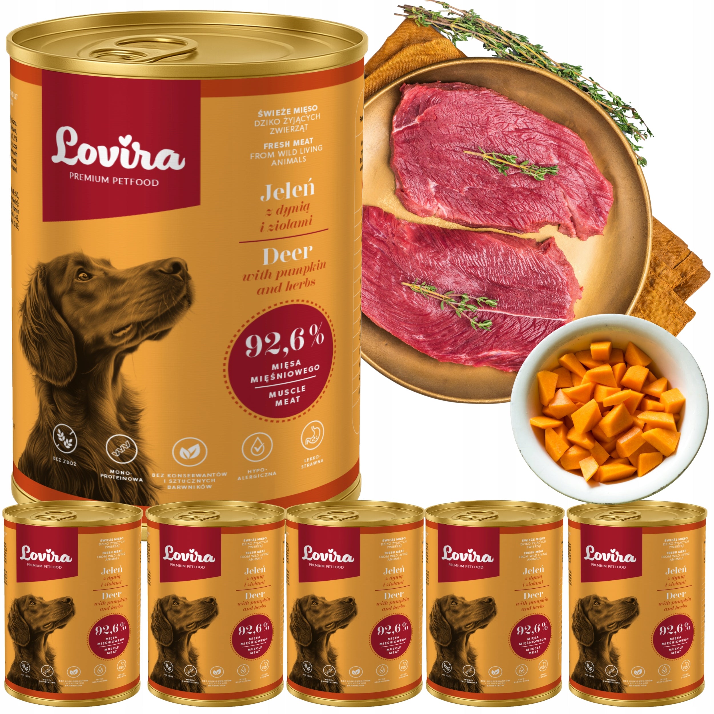 WET FOOD for dogs DEER 92,6% muscle meat LOVIRA 2,4kg