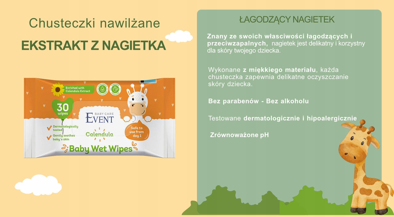 WET WIPES FOR CHILDREN 99% WATER MARIGOLD EXTRACT 30PCS EVENT BABY Packaging status original