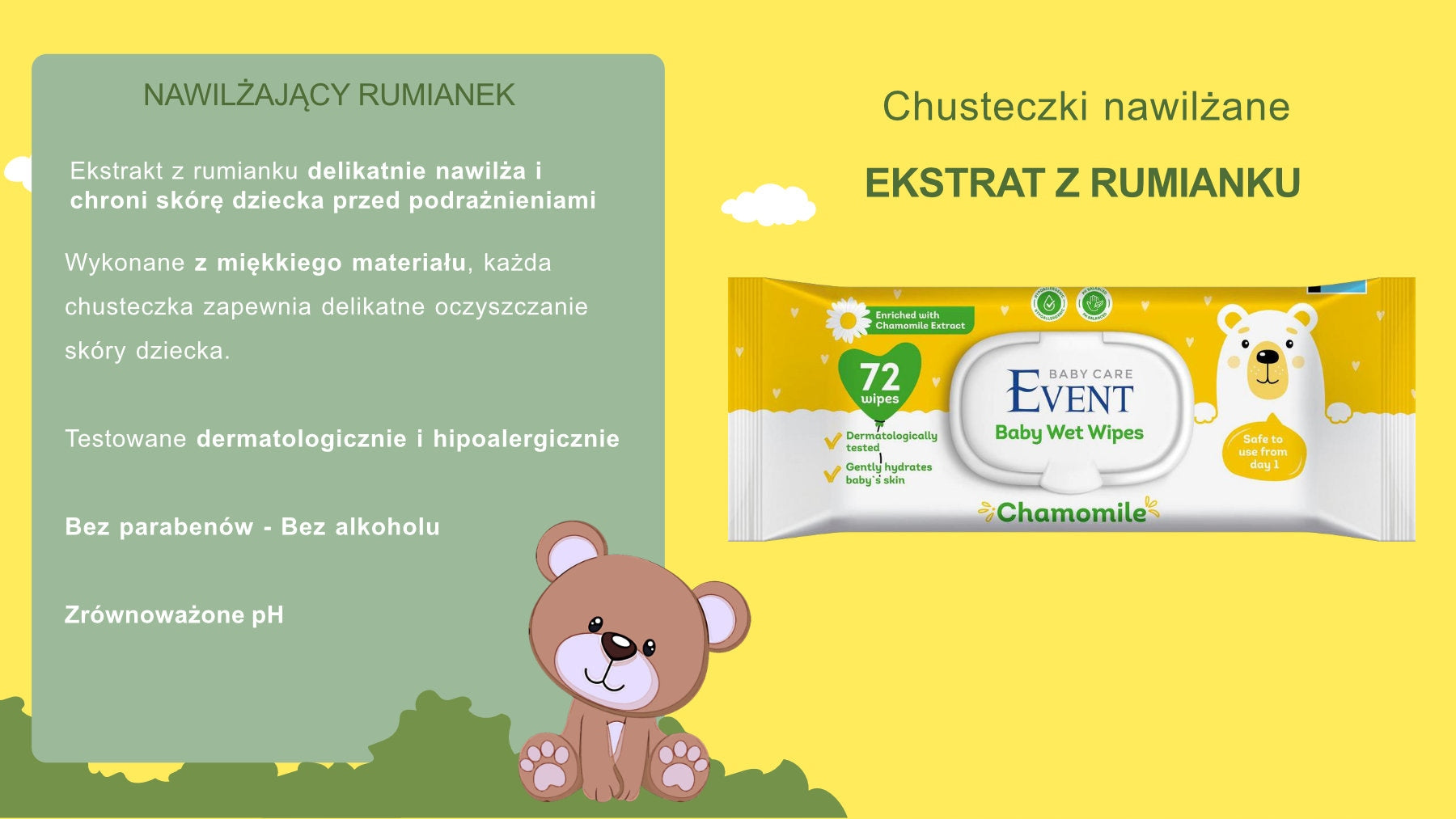 WET WIPES FOR CHILDREN 99% WATER WITH CHAMOMILE 72pcs EVENT BABY Packaging status original