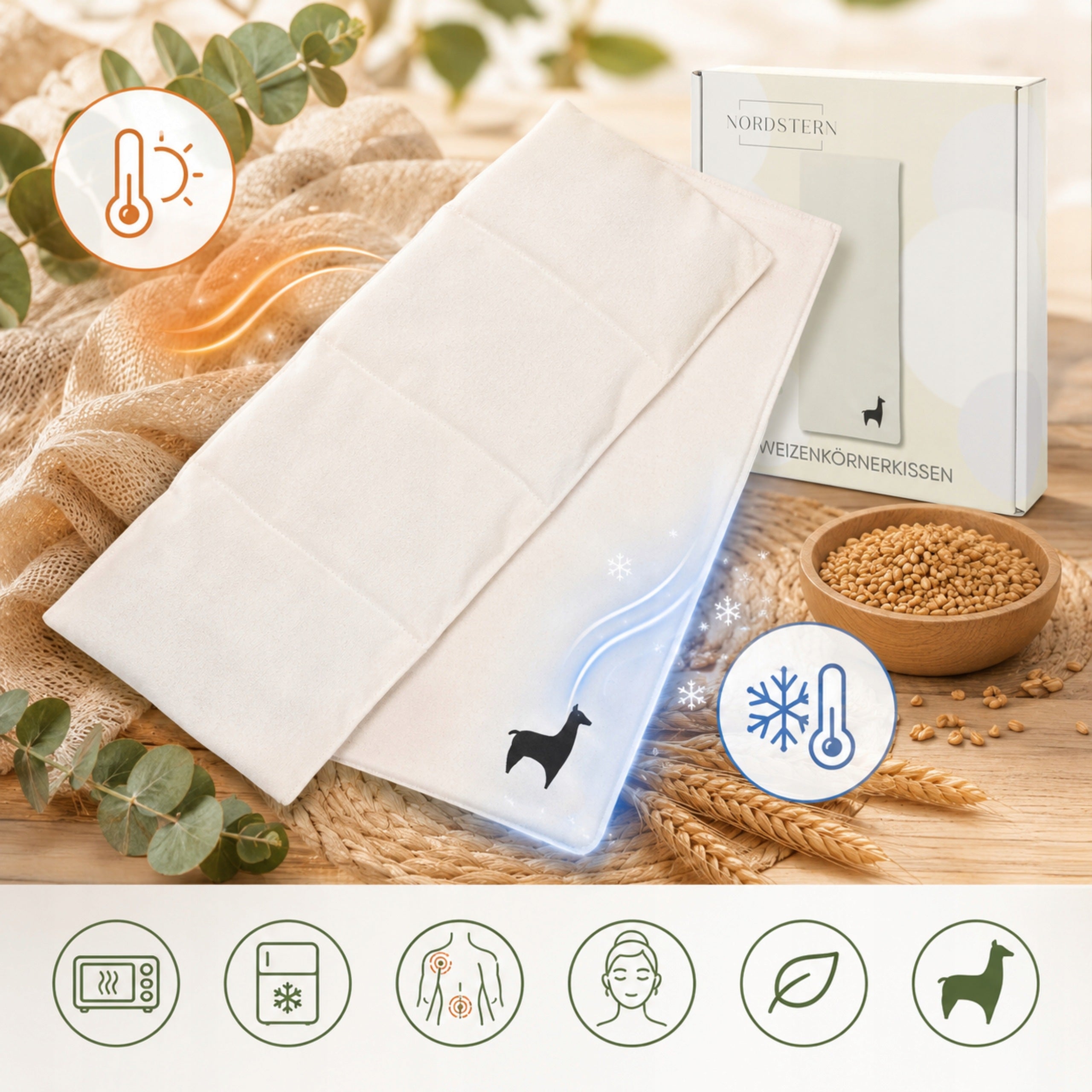 WHEAT GRAIN PILLOW WARMING COOLING 20 X 53 CM BEIGE Packaging status original