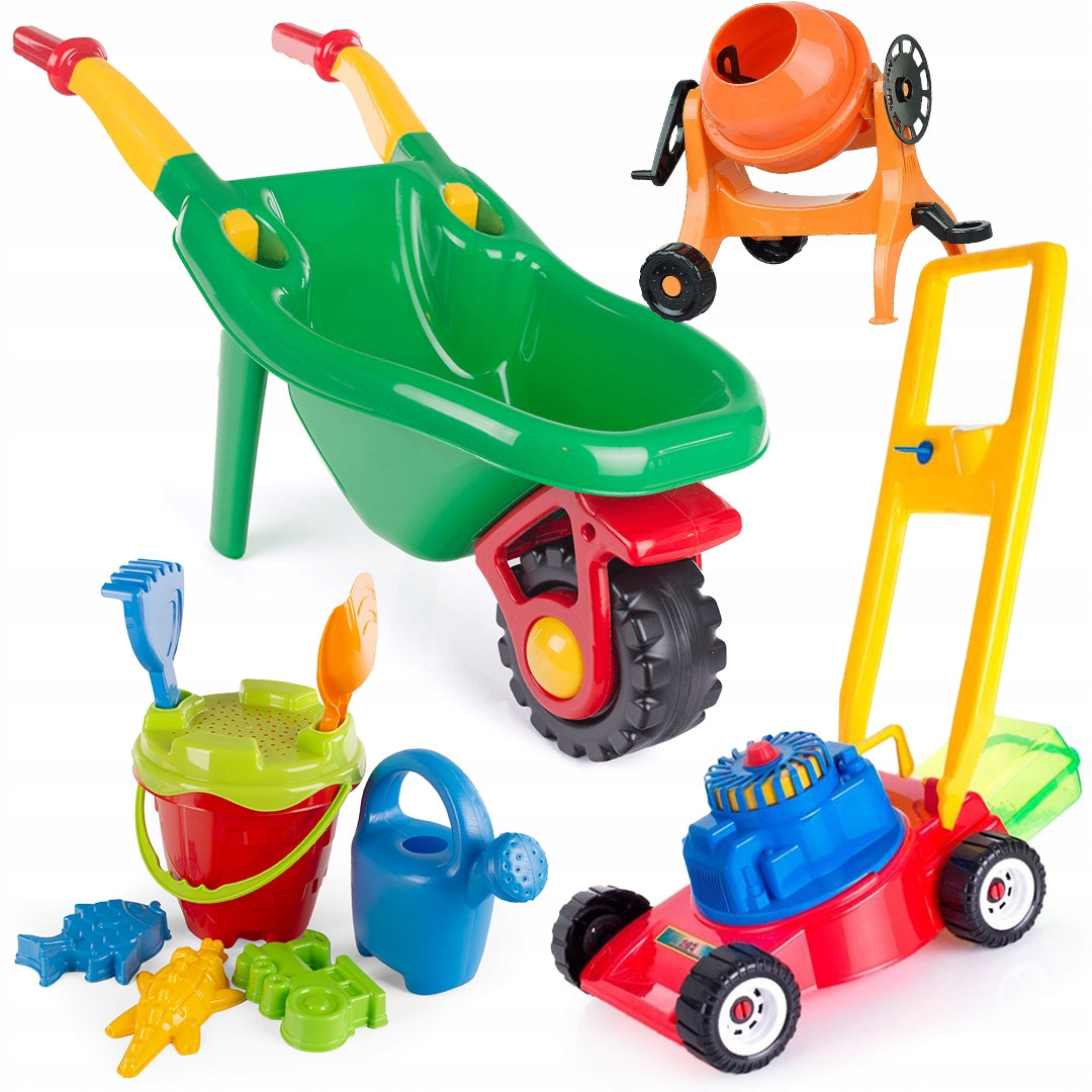 WHEELBARROWS + SAND SET + LAWN MOWER + CONCRETE MIXER