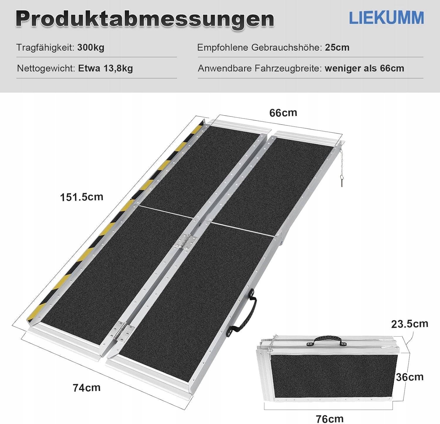 WHEELCHAIR RAMP FOLDING ALUMINUM 152X74 300KG STABLE Brand Liekumm