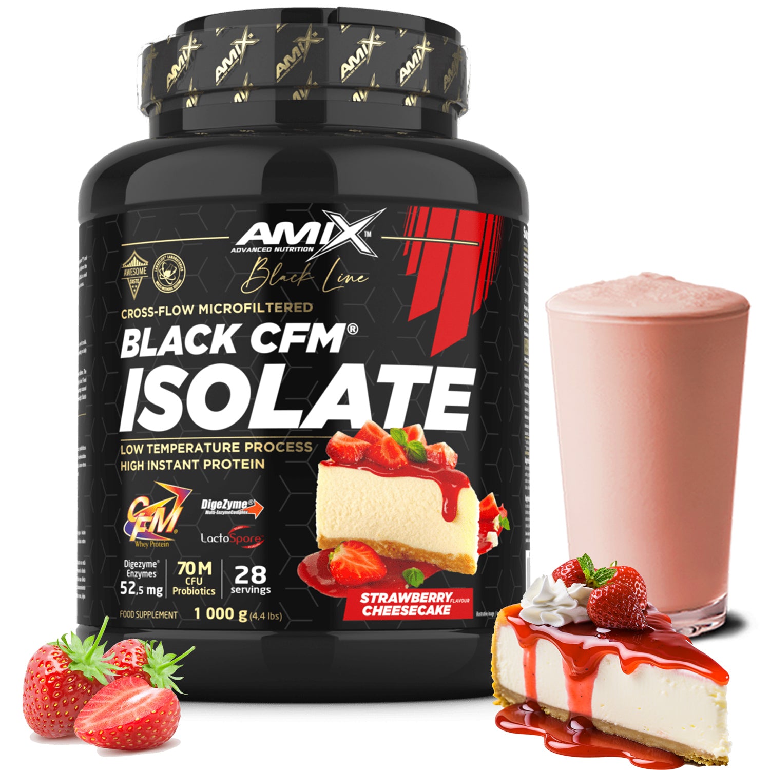 WHEY PROTEIN Protein ISOLATE without sugar 1kg Strawberry Cheesecake Amix CFM