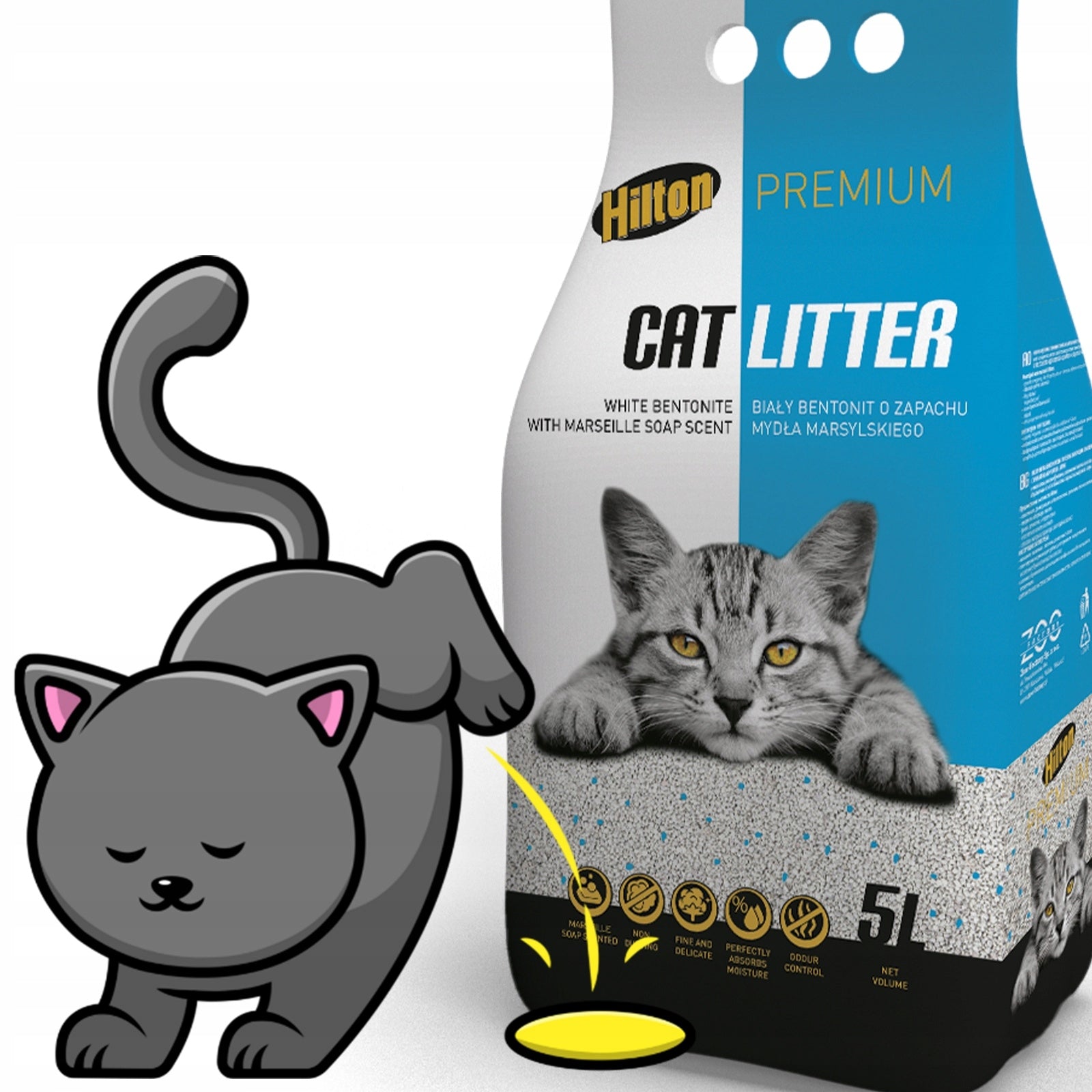 WHITE BENTONITE CAT LITTER FOR LITTER BOX WITH SOAP SCENT 5L Trade name HILTON PREMIUM