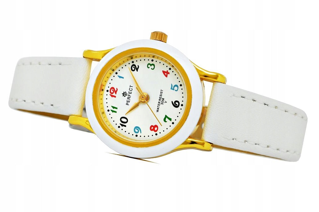 WHITE CHILDREN'S WATCH - COMMUNION - COLORFUL NUMBERS -LEATHER STRAP