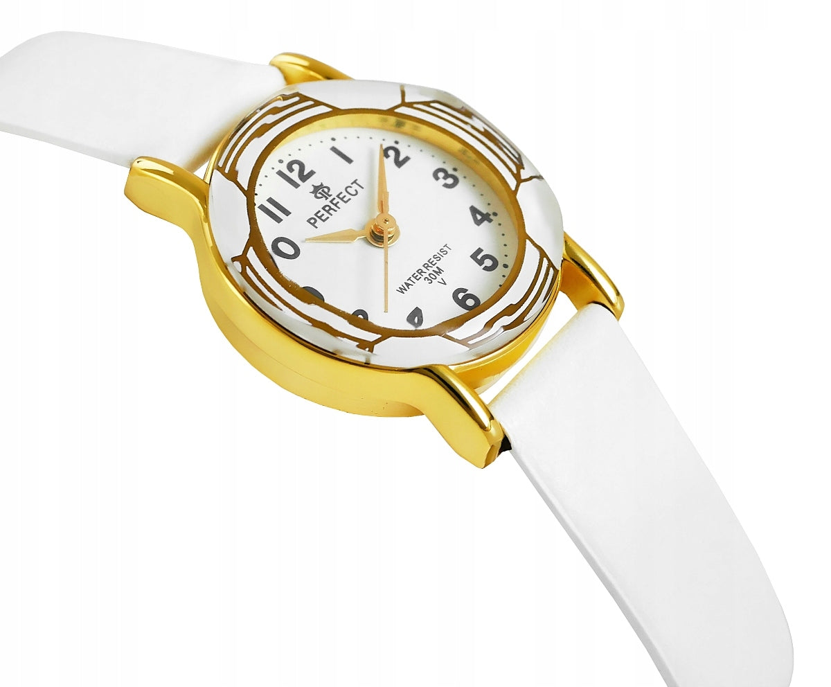 WHITE CHILDREN'S WATCH - DIAL WITH PATTERN - LEATHER STRAP - PERFECT Batteries included yes