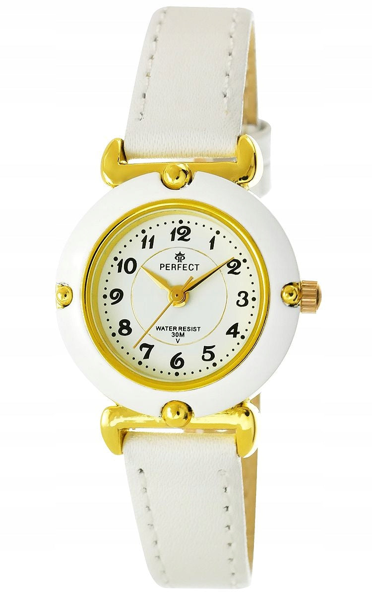 WHITE CHILDREN'S WATCH - NICKEL-FREE - LEATHER STRAP - GOLD DECORATIONS Brand Perfect