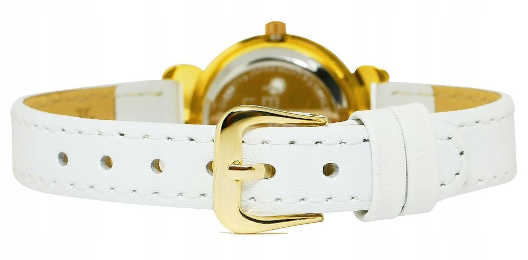 WHITE CHILDREN'S WATCH - NICKEL-FREE - LEATHER STRAP - GOLD DECORATIONS Packaging status original