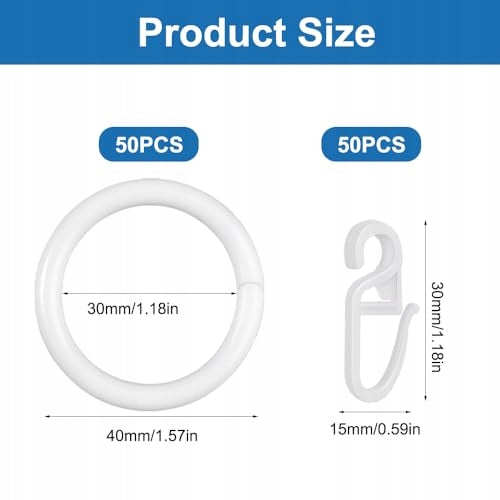 WHITE CURTAIN RINGS WITH HOOKS SET OF 100 PCS STEEL PLASTIC Manufacturer code Bez marki