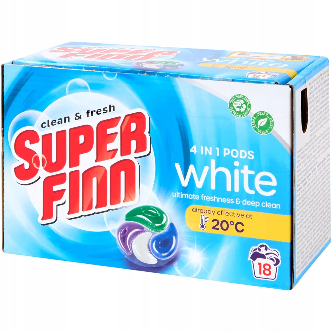 WHITE FABRIC WASHING CAPSULES 4 IN 1 PODS SUPER FINN WHITE 18 PIECES