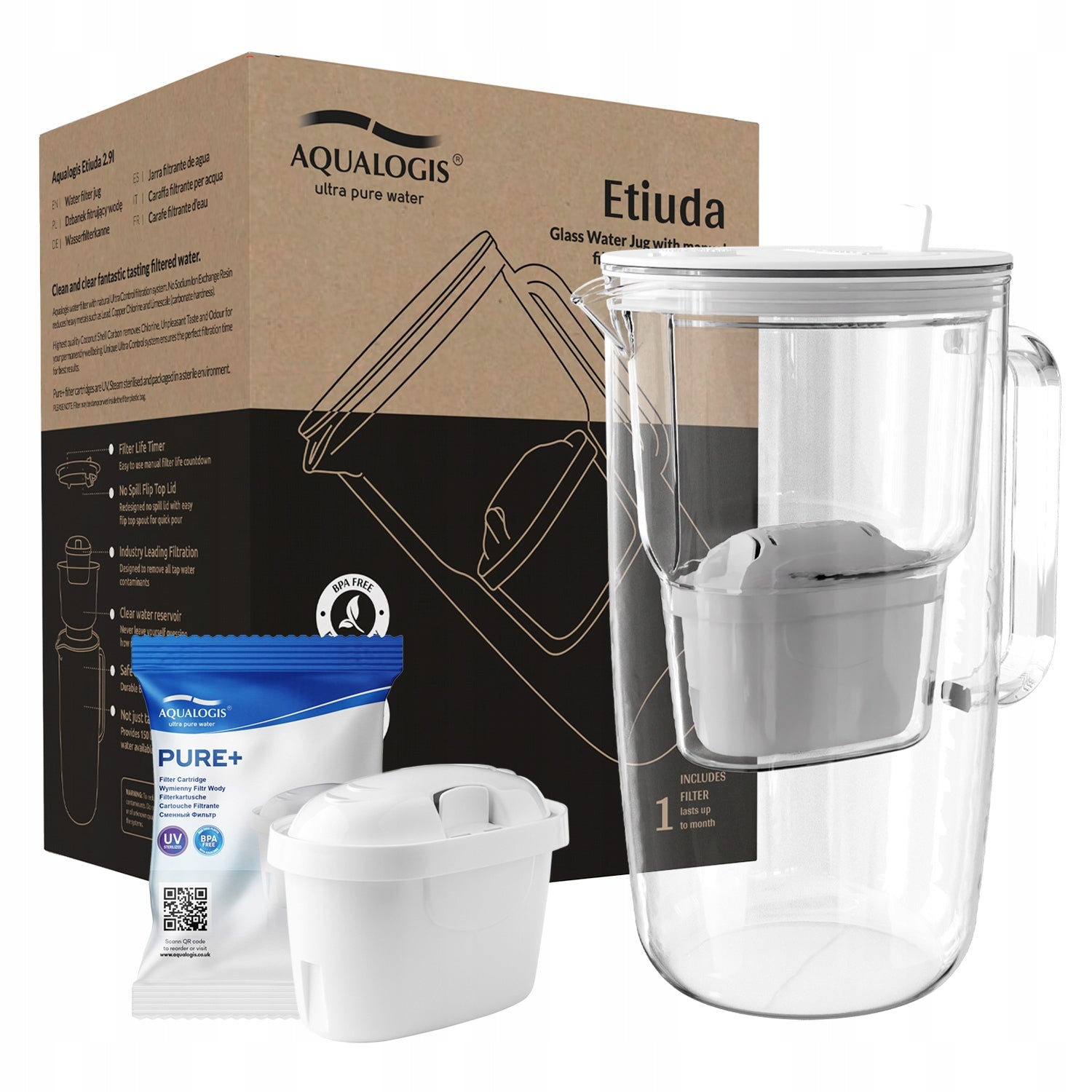 WHITE GLASS ETUDE FILTER JUG + PURE+ CARTRIDGE AQUALOGIS 2.9L