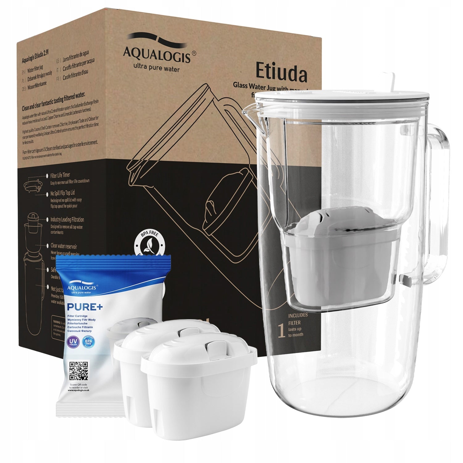 WHITE GLASS FILTER JUG + 2 PURE+ CARTRIDGES AQUALOGIS 2.9L