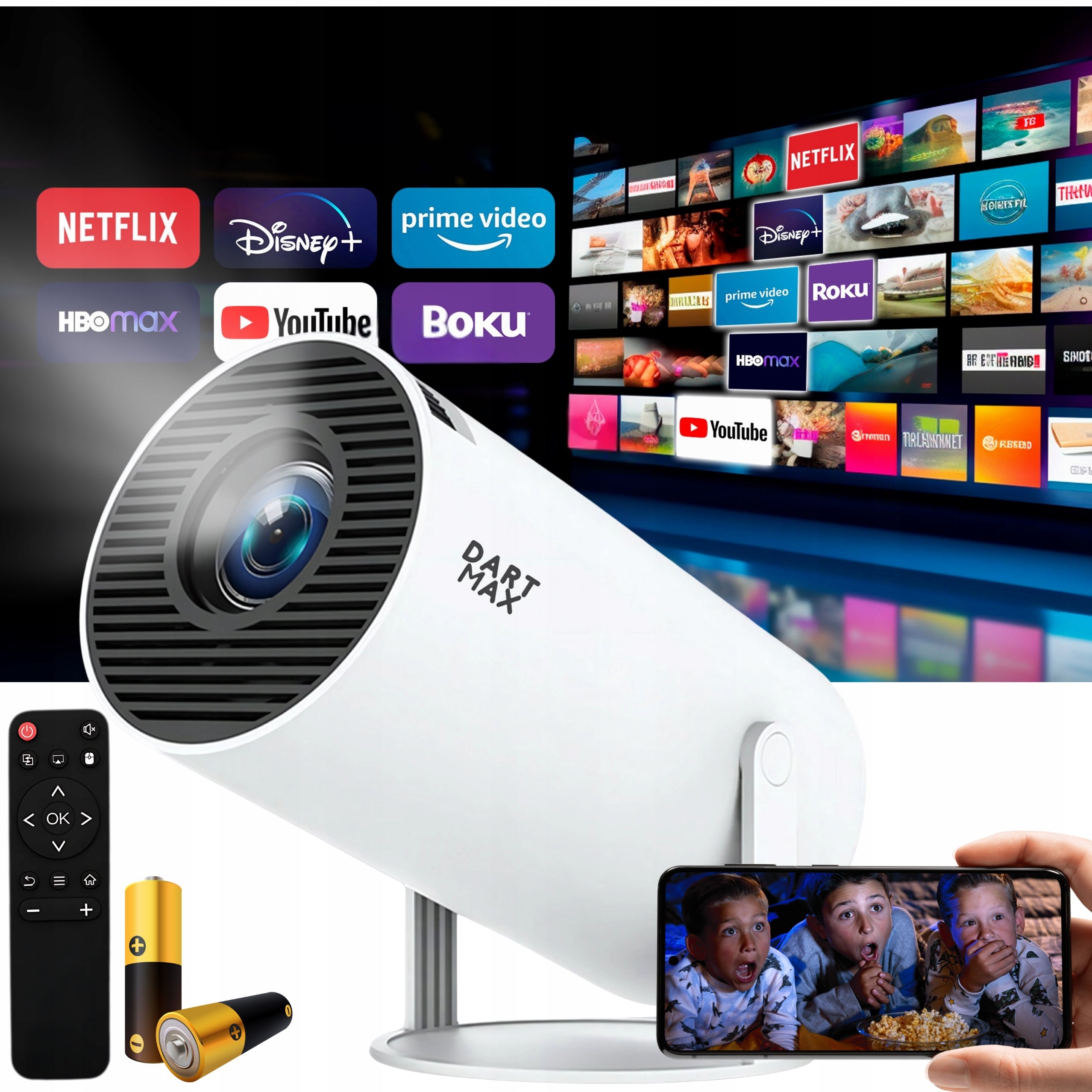 WHITE LED PROJECTOR 4K ANDROID 11.0 WIFI HDMI USB QUAD-CORE PROCESSOR
