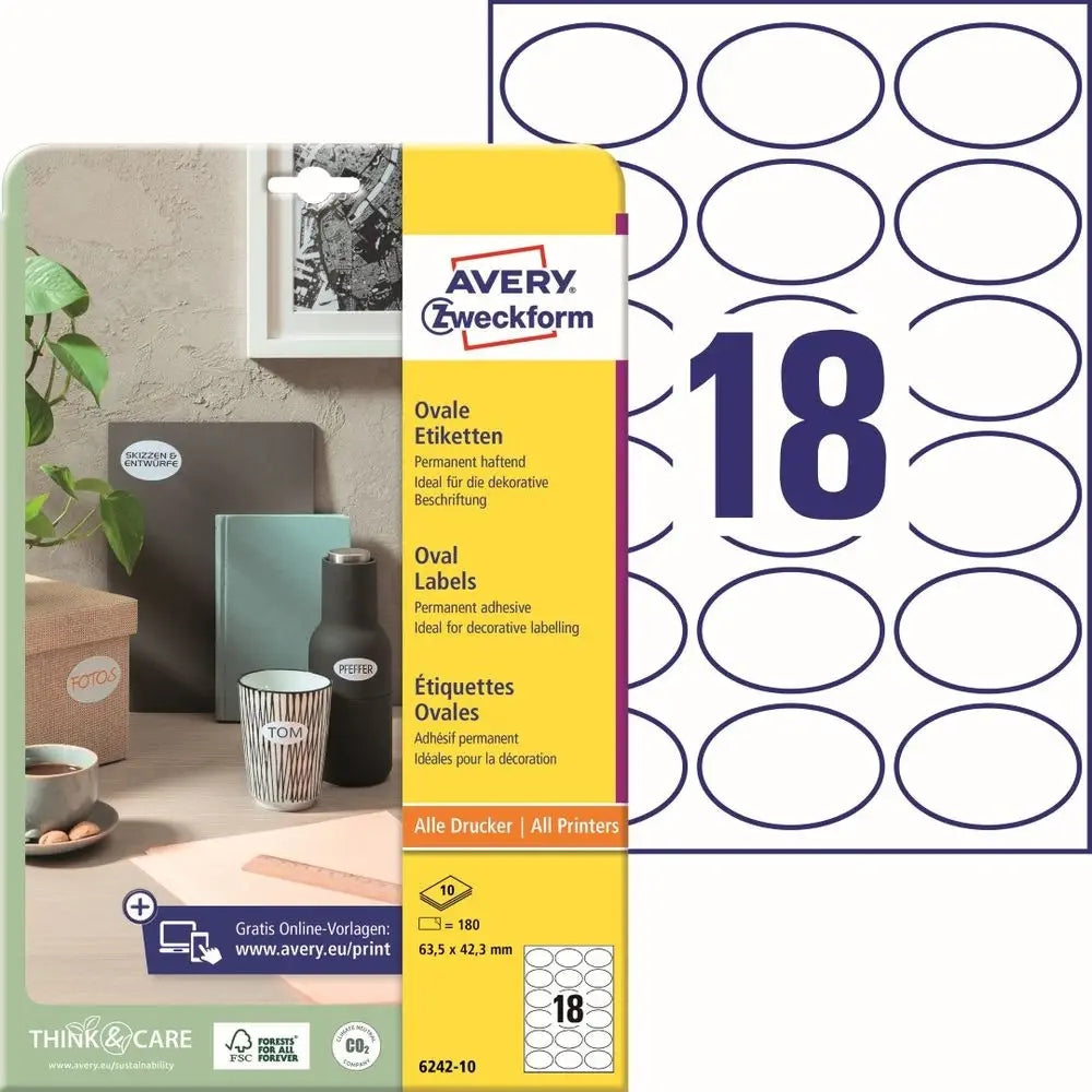 WHITE OVAL PAPER LABELS 63,5 x 42,3mm AVERY | 6242-10